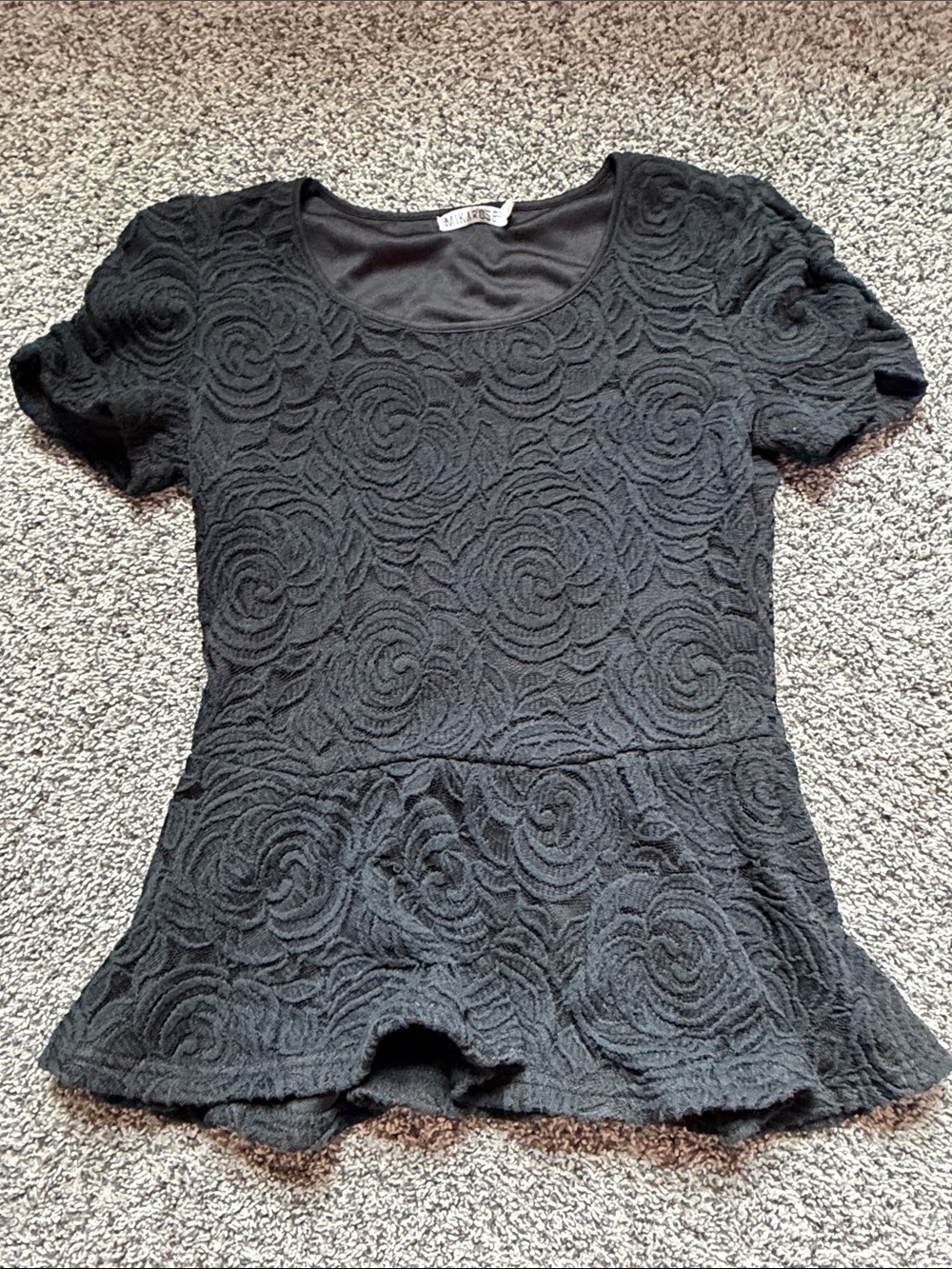 Mikarose Black Rosette Textured Peplum Short Sleeve Top